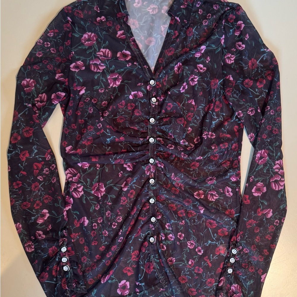 SHEIN Black and Purple Ruched Button Down Blouse